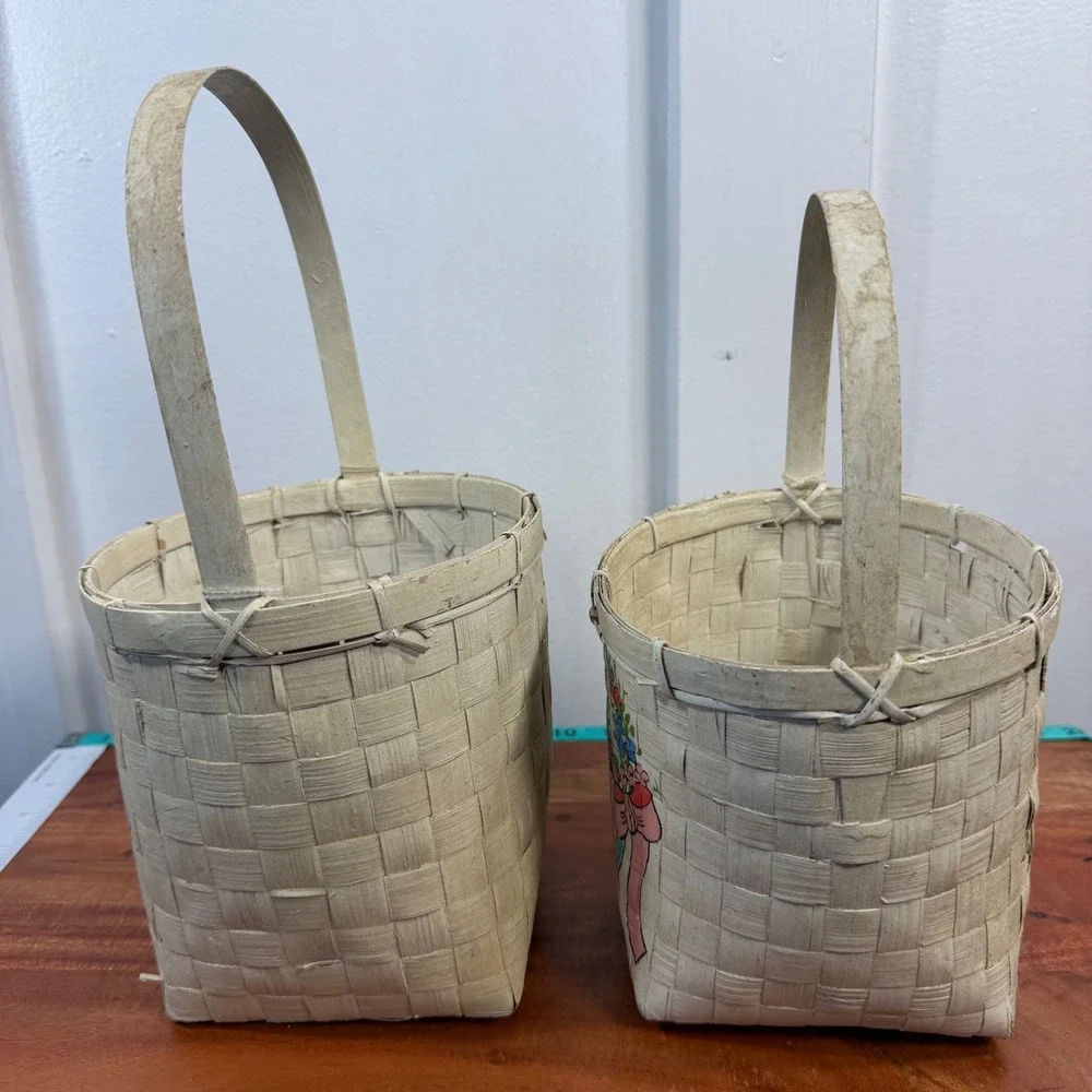 Palecek San Francisco Woven Duck Baskets Hand Painted Floral Pair Cream Set of 2